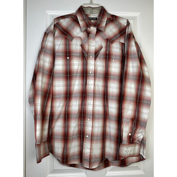 Stetson‎ Mens XL Red White Plaid Snap Front Western Cowboy Shirt 100% Cotton